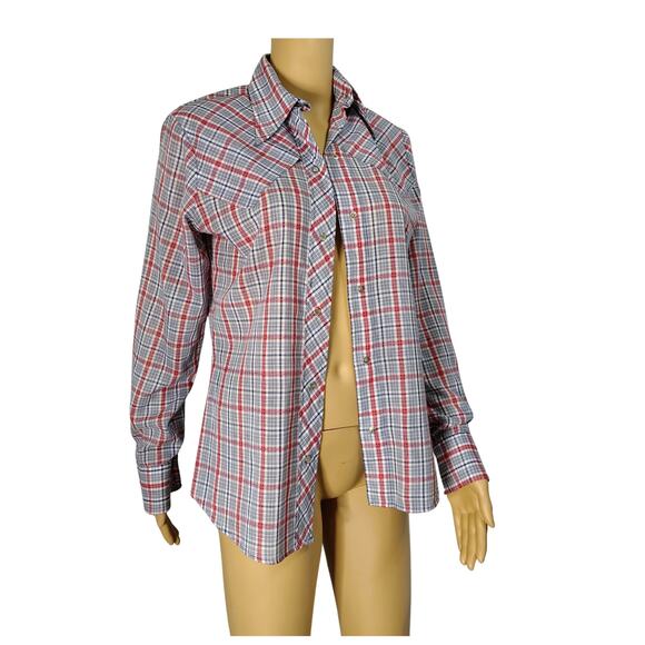 60s Levis Western Cowgirl Button Up Blue Red Shirt Pearl Snap Button Size Small - Picture 3 of 10